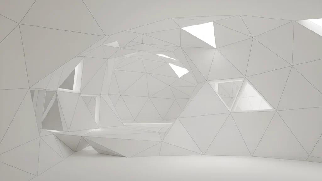 Illustration architecturale abstraite suggérant l’expérience spatiale intérieure d’un zome