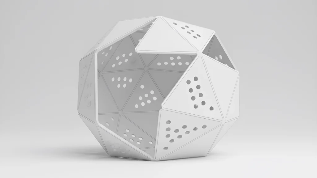 Volume géométrique facetté partiellement ouvert, illustrant une structure architecturale en cours de mise en œuvre, sans espace intérieur habitable