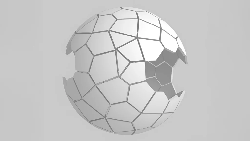 Illustration architecturale abstraite représentant un volume géométrique facetté, évoquant les principes structurels à l’origine des zomes