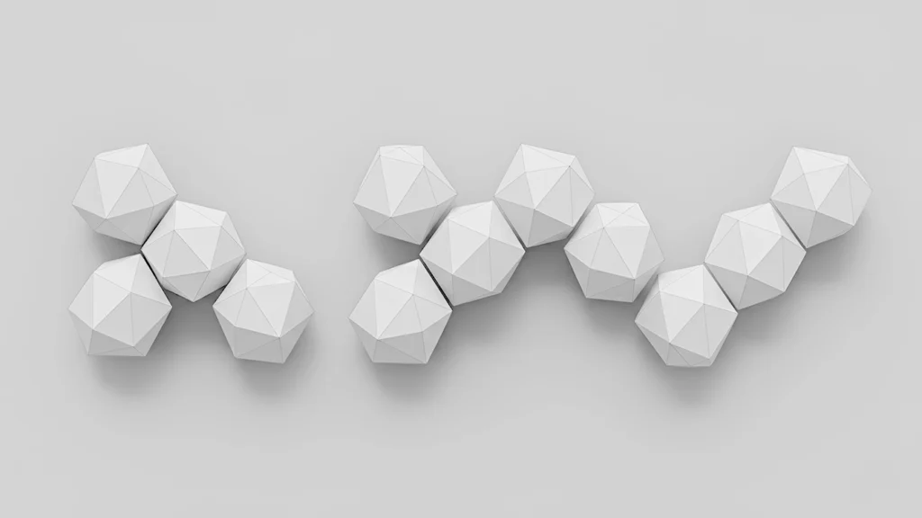 Ensemble de volumes géométriques facettés interconnectés, illustrant un système spatial abstrait et répétitif