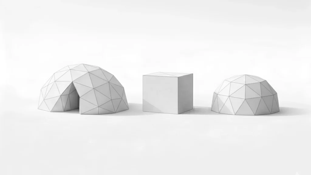 Illustration architecturale abstraite représentant la structure géométrique d’un zome, d'un cube et d'un dôme